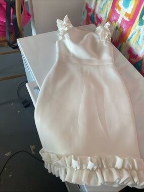 Eliza J White Ruffle Strap Party Dress. Scuba feel. Great condition. Size 4.